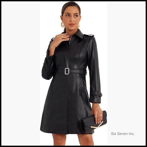 Faux Leather Trench Coat with Lapel Zipper Front Slim Fit